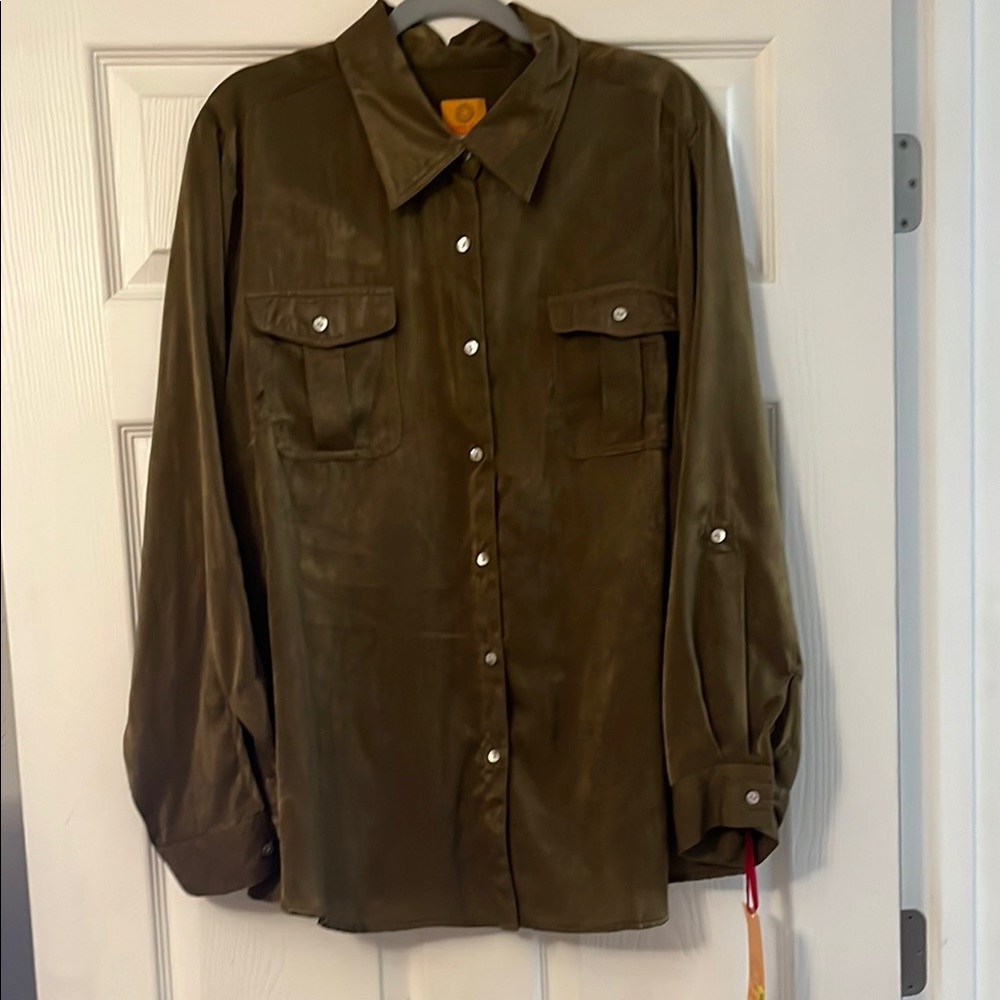 Ruby rd Olive Green art fall Button-Up Shirt blouse
